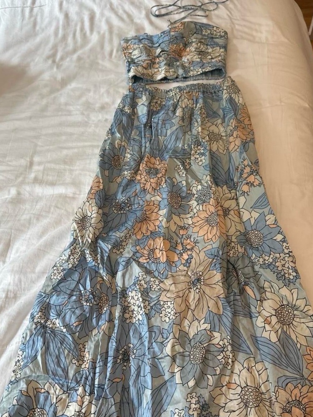 J.Crew Textured Satin Floral Blue Halter Bandeau Top Maxi Skirt Set Sz X-Small - Picture 5 of 6
